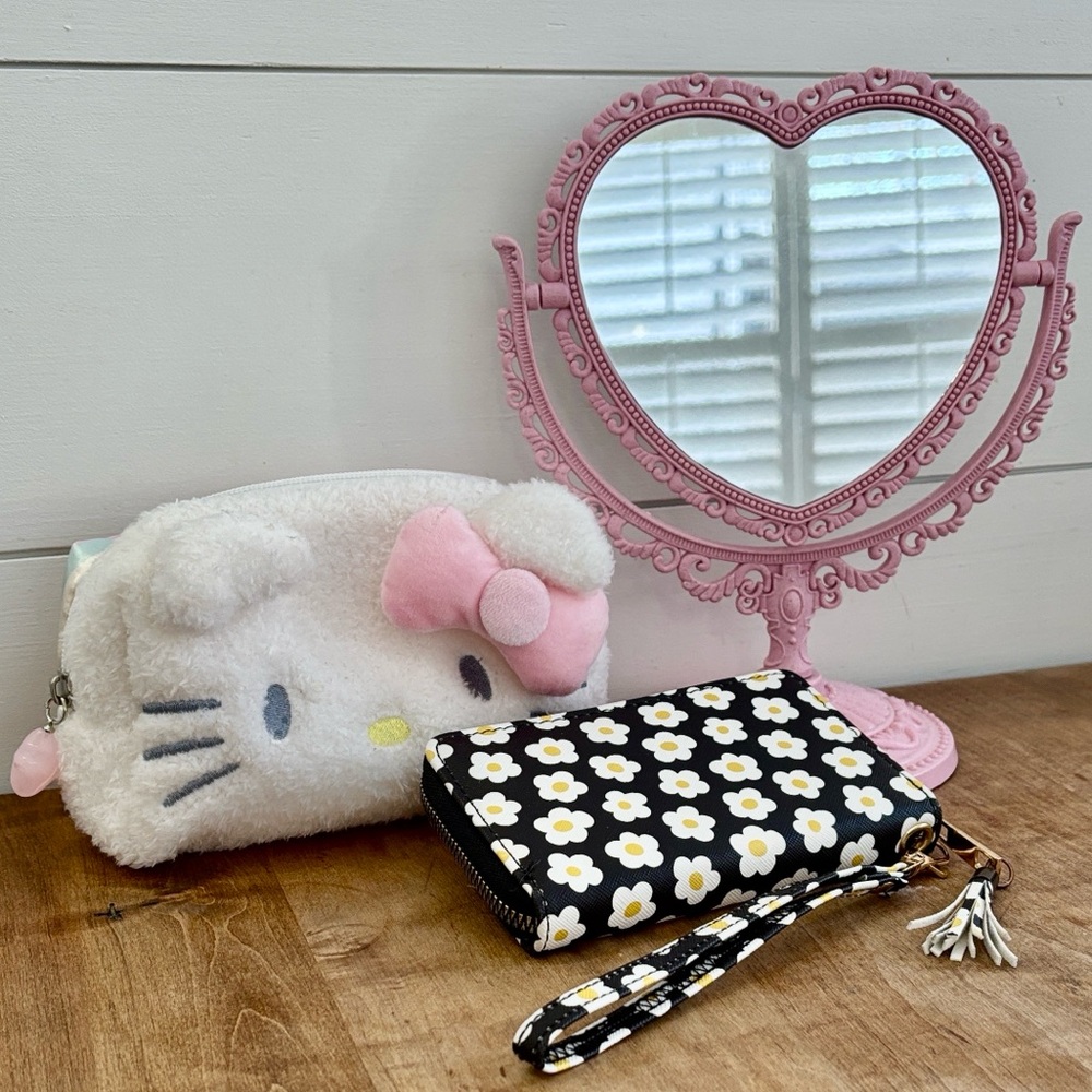 LOT: Hello Kitty Plush Pouch Bag Floral Wallet Vanity Mirror
